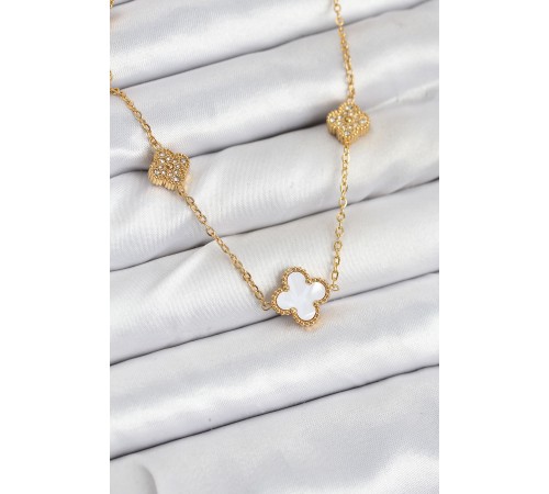 316L Çelik Zincir Gold Renk Beyaz ve Zirkon Taşlı Yonca Kadın Kolye