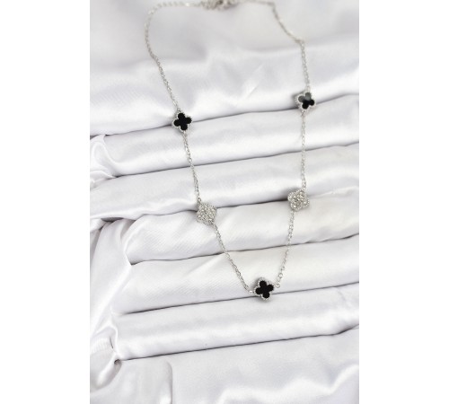 316L Çelik Zincir Gümüş Renk Siyah ve Zirkon Taşlı Baby Boy Yonca Kadın Kolye