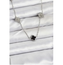316L Çelik Zincir Gümüş Renk Siyah ve Zirkon Taşlı Baby Boy Yonca Kadın Kolye