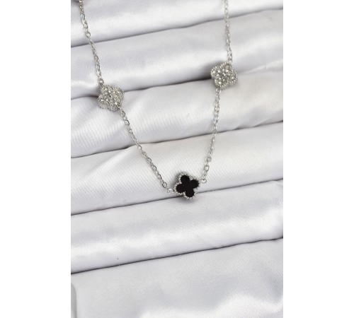 316L Çelik Zincir Gümüş Renk Siyah ve Zirkon Taşlı Baby Boy Yonca Kadın Kolye