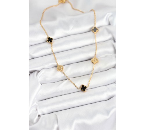 316L Çelik Zincir Gold Renk Siyah ve Zirkon Taşlı Baby Boy Yonca Kadın Kolye