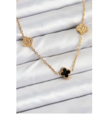 316L Çelik Zincir Gold Renk Siyah ve Zirkon Taşlı Baby Boy Yonca Kadın Kolye