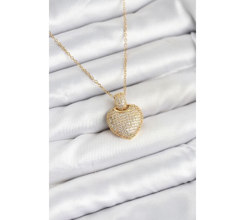 316L Çelik Zincir Gold Renk Zirkon Taşlı Kalpli Kadın Kolye