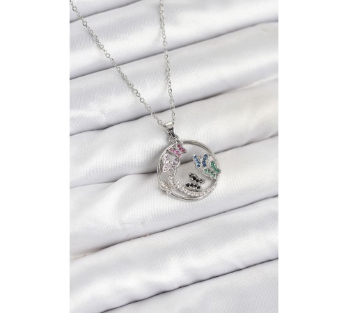 316L Çelik Zincir Gümüş Renk Zirkon Taşlı Kelebekli Kadın Kolye