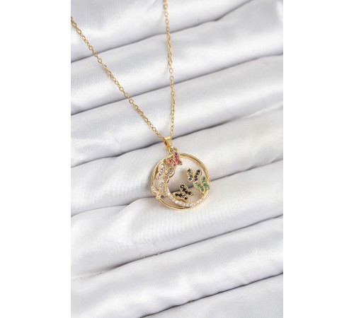 316L Çelik Zincir Gold Renk Zirkon Taşlı Kelebekli Kadın Kolye