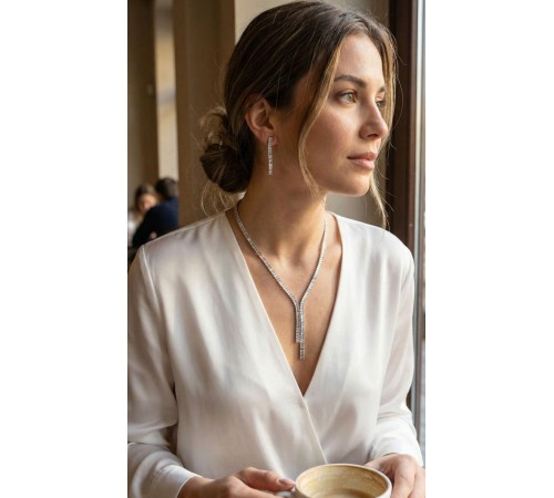 Gümüş Renk Baget Zirkon Taşlı Kadın Kolye Küpe Set