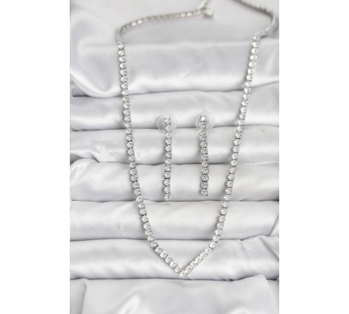 Gümüş Renk Zirkon Taşlı Kadın Kolye Küpe Seti