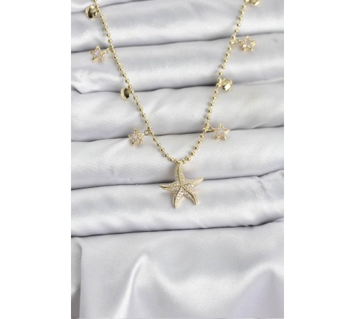Pirinç Gold Renk Zirkon Taşlı Deniz Yıldızı Model Kadın Kolye