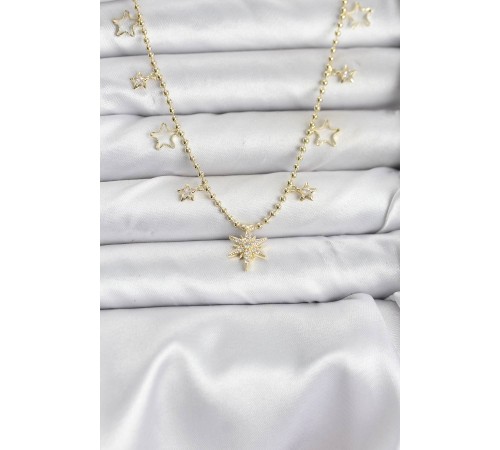 Pirinç Gold Renk Zirkon Taşlı Kutup Yıldızı Model Kadın Kolye