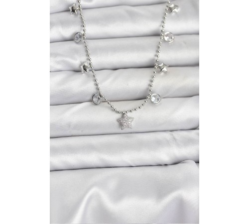 Pirinç Gümüş Renk Yıldız Model Kadın Kolye