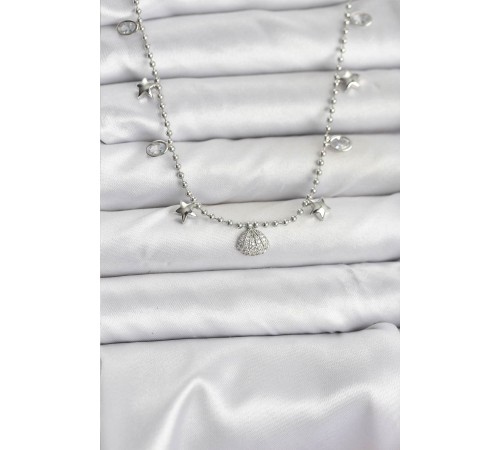 Pirinç Gümüş Renk Zirkon Taşlı Deniz Kabuğu Model Kadın Kolye