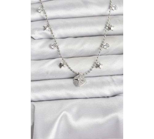 Pirinç Gümüş Renk Zirkon Taşlı Kutup Yıldızı Model Kadın Kolye