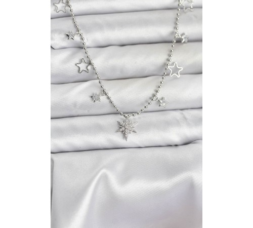 Pirinç Gümüş Renk Zirkon Taşlı Kutup Yıldızı Model Kadın Kolye