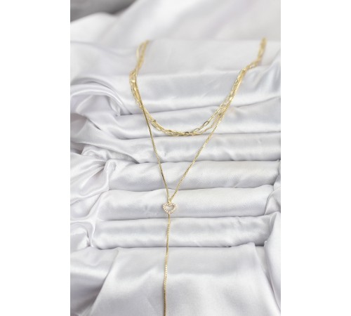 Pirinç Gold Renk Kalp Detaylı 3'lü Kombin Y Kadın Kolye