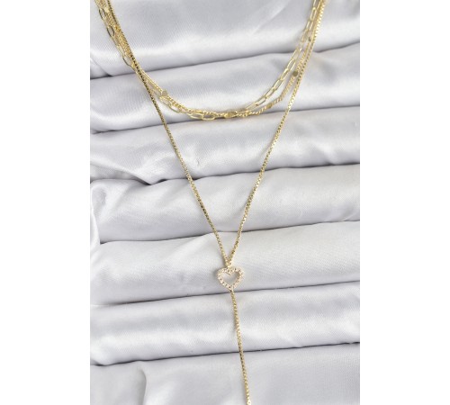 Pirinç Gold Renk Kalp Detaylı 3'lü Kombin Y Kadın Kolye