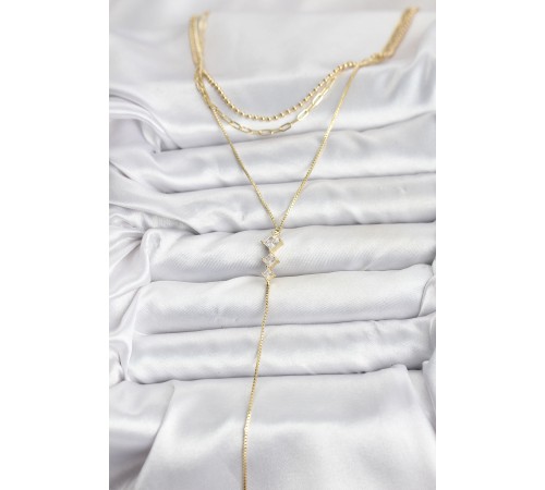 Pirinç Gold Renk Zirkon Taş Detaylı 3'lü Kombin Y Kadın Kolye