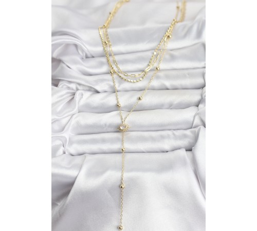 Pirinç Gold Renk Güneş Model Detaylı 3'lü Kombin Y Kadın Kolye