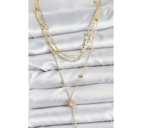 Pirinç Gold Renk Güneş Model Detaylı 3'lü Kombin Y Kadın Kolye