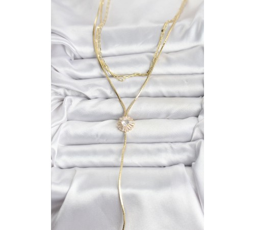 Pirinç Gold Renk Zirkon Taşlı Papatya Model Detaylı 3'lü Kombin Y Kadın Kolye