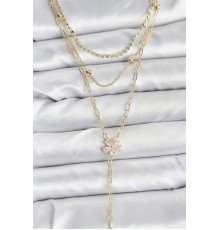 Pirinç Gold Renk Zirkon Taşlı Çiçek Model Detaylı 3'lü Kombin Y Kadın Kolye