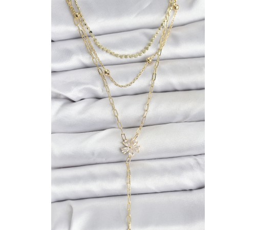 Pirinç Gold Renk Zirkon Taşlı Çiçek Model Detaylı 3'lü Kombin Y Kadın Kolye