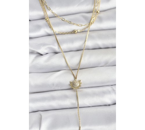 Pirinç Gold Renk Zirkon Taşlı Güneş Model Detaylı 3'lü Kombin Y Kadın Kolye