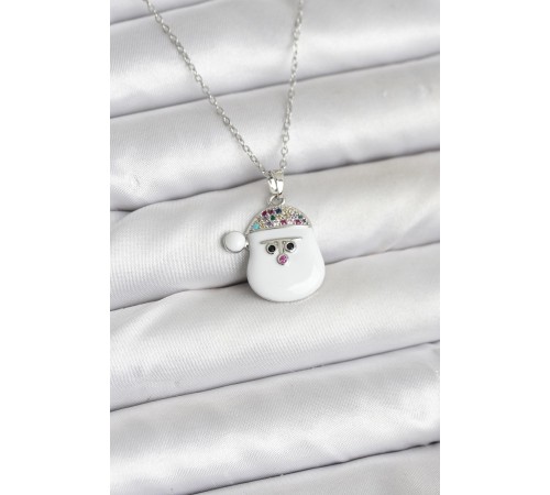 316L Çelik Zincir Gümüş Renk Şapkalı Kardan Adam Kafası Model Yılbaşı Temalı Kadın Kolye