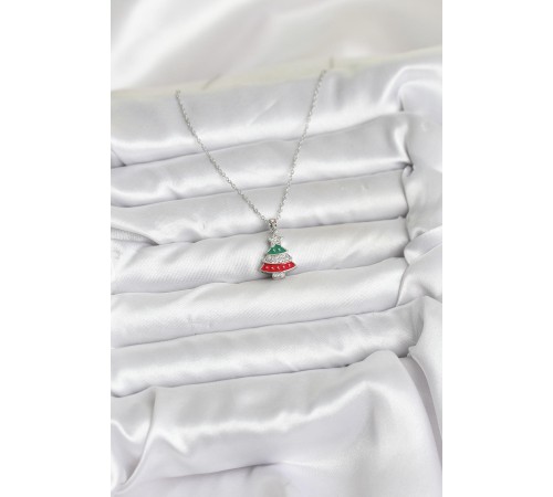 316L Çelik Zincir Gümüş Ren Çam Ağacı Model Zirkon Taşlı Yılbaşı Temalı Kadın Kolye