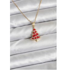 316L Çelik Zincir Gold Renk Kırmızı Çam Ağacı Model Yılbaşı Temalı Kadın Kolye