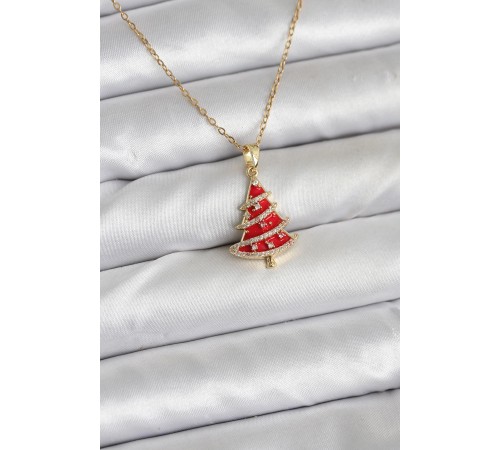 316L Çelik Zincir Gold Renk Kırmızı Çam Ağacı Model Yılbaşı Temalı Kadın Kolye
