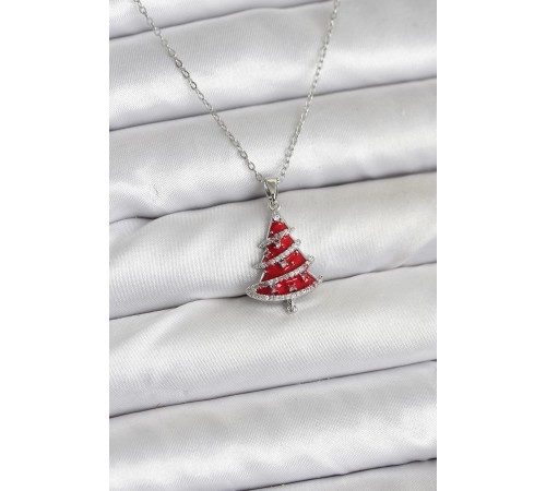 316L Çelik Zincir Gümüş Renk Kırmızı Çam Ağacı Model Yılbaşı Temalı Kadın Kolye