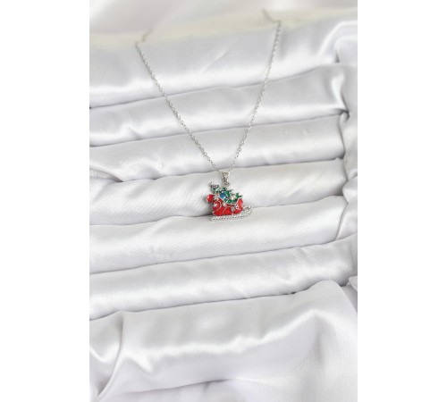 316L Çelik Zincir Gümüş Renk Kızak ve Çam Ağacı Figürlü Yılbaşı Temalı Kadın Kolye