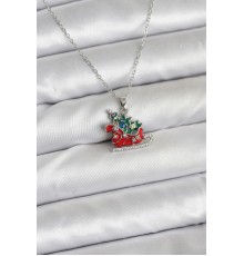 316L Çelik Zincir Gümüş Renk Kızak ve Çam Ağacı Figürlü Yılbaşı Temalı Kadın Kolye