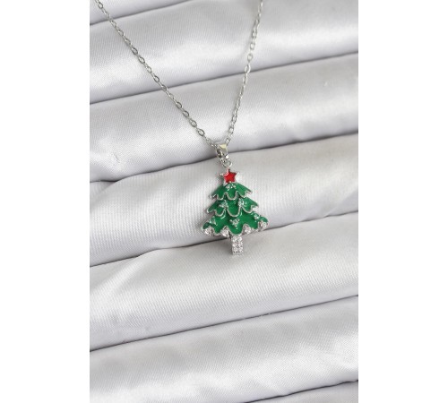316L Çelik Zincir Gümüş Renk Çam Ağacı Model Yılbaşı Temalı Kadın Kolye