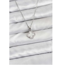 316L Çelik Zincir Gümüş Renk Sedefli Yonca Kadın Kolye