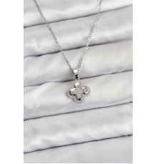 316L Çelik Zincir Gümüş Renk Zirkon Taşlı Yonca Model Kadın Kolye