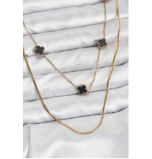 316L Çelik Zincir Gold Renk İtalyan Zincirli Siyah Yonca Model Kadın Kolye