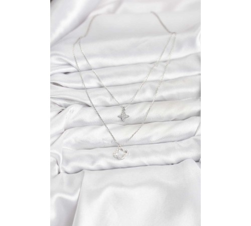 Pirinç Gümüş Renk Yonca Model 2'li Kadın Kolye