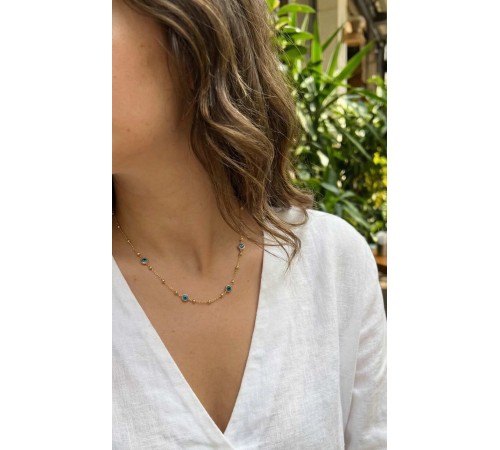 316L Çelik Gold Renk Nazarlı ve Topçuklu Model Kadın Kolye