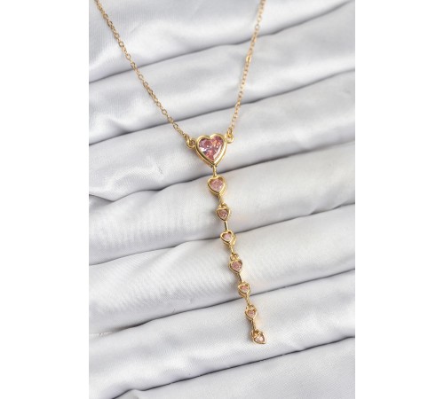 316L Çelik Zincir Gold Renk Pembe Kalp Kadın Kolye