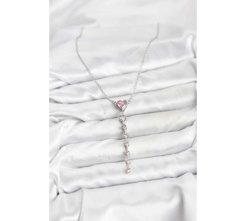 316L Çelik Zincir Gümüş Renk Pembe Kalp Kadın Kolye