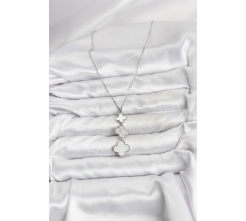 316L Çelik Zincir Gümüş Renk Yonca Detaylı Zirkon Taşlı Kadın Kolye