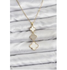 316L Çelik Zincir Gold Renk Yonca Detaylı Zirkon Taşlı Kadın Kolye