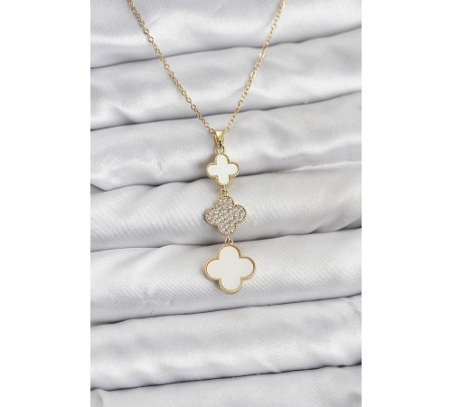 316L Çelik Zincir Gold Renk Yonca Detaylı Zirkon Taşlı Kadın Kolye
