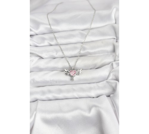 316L Çelik Zincir Gümüş Renk Kanatlı Kalp Model Zirkon Taşlı Kadın Kolye