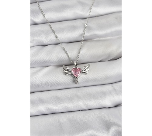 316L Çelik Zincir Gümüş Renk Kanatlı Kalp Model Zirkon Taşlı Kadın Kolye