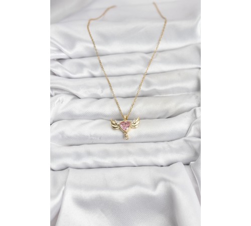 316L Çelik Zincir Gold Renk Kanatlı Kalp Model Zirkon Taşlı Kadın Kolye