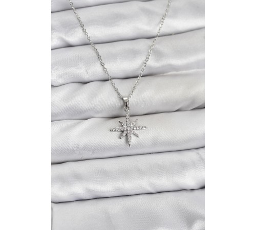 316L Çelik Zincir Gümüş Renk Kutup Yıldızı Model Zirkon Taşlı Kadın Kolye