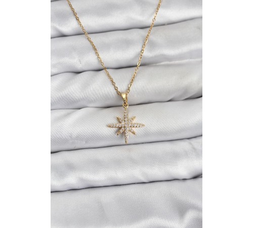316L Çelik Zincir Gold Renk Kutup Yıldızı Model Zirkon Taşlı Kadın Kolye