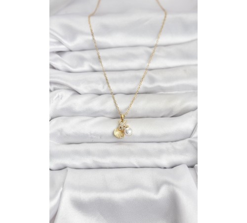 316L Çelik Zincir Gold Renk Deniz Kabuğu ve Deniz Yıldızı Model Zirkon Taşlı Kadın Kolye